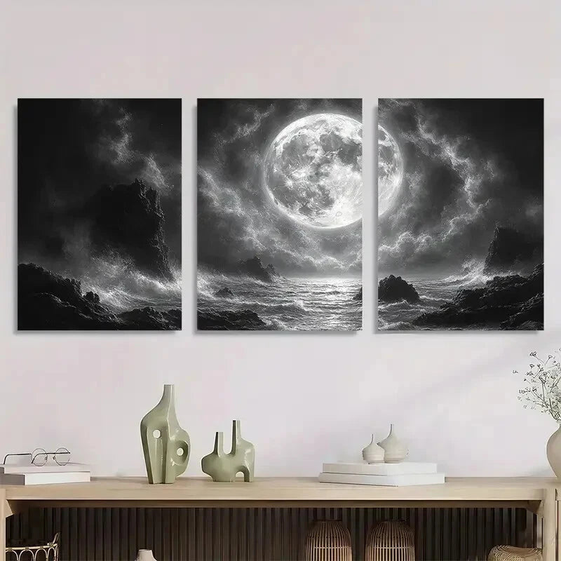 3pcs Black and White Moonlit Ocean Metal Print Ready to Hang Art