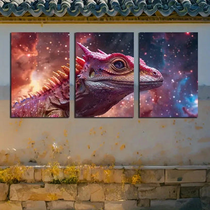 3pcs Vibrant Chameleon in Space Design Metal Print Ready to Hang Art