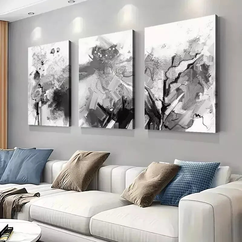 3pcs Abstract Black & White Brushstroke Canvas Wall Art Set Canvas Framed 50x70cm - High Quality Print 100% Australian Made Wall Canvas Ready to Hang