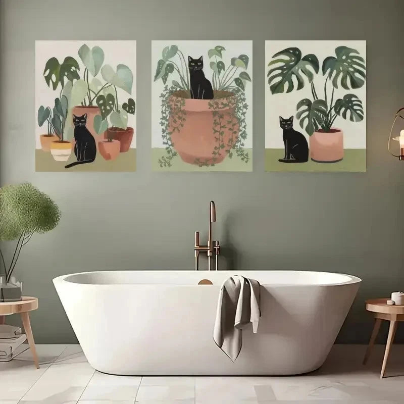 3pcs Black Cat Nordic Style, Popular Wall Art Set Canvas Framed 50x70cm - High Quality Print 100% Australian Made Wall Canvas Ready to Hang - Bella Home Decor