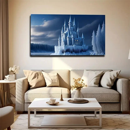 Enchanting Snowy Castle Lands Wall Art Canvas Office Home Room Framed 120x60cm