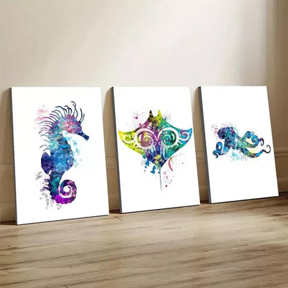 3pcs Whale Sea Horse Octopus Fish Watercolor Canvas Unframed - High Quality Print 100% Australian Made Wall Canvas