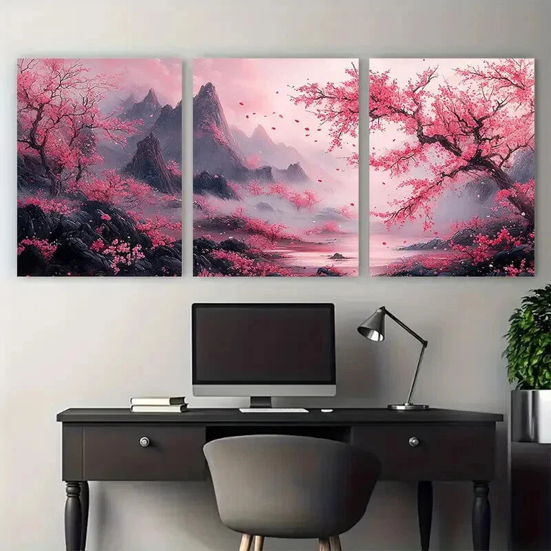 3pcs Japanese Illustration Cherry blossom Pink Metal Print Ready to Hang Art - Bella Home Decor