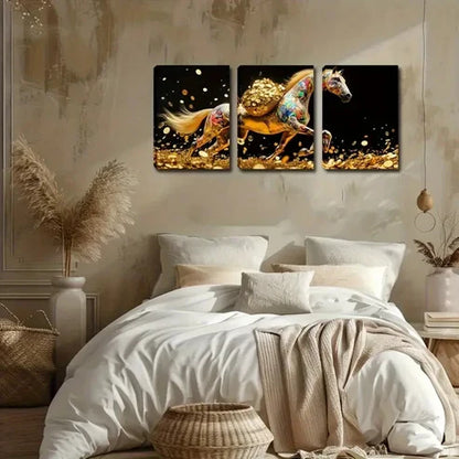 3pcs Walking Horse in Golden Coins Abstract Wall Art Set Canvas Unframed - High Quality Print 100% Australian Made Wall Canvas