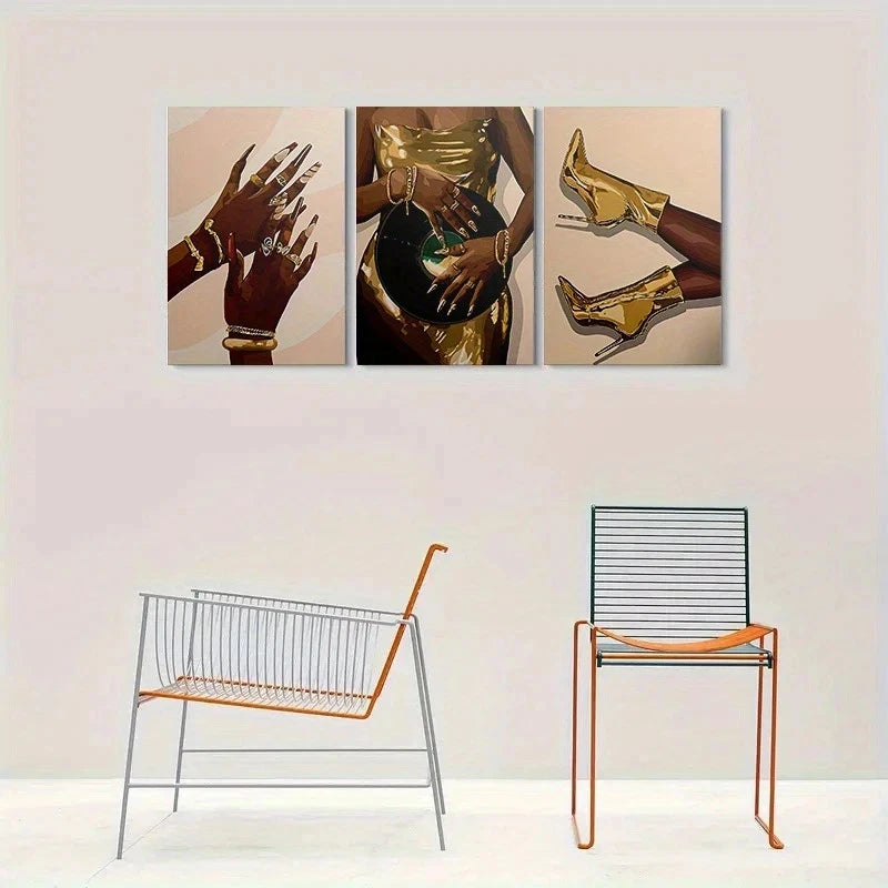 3pcs Golden Fashion Heels and Jewelry Metal Print Ready to Hang Art - Bella Home Decor