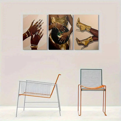 3pcs Golden Fashion Heels and Jewelry Metal Print Ready to Hang Art - Bella Home Decor