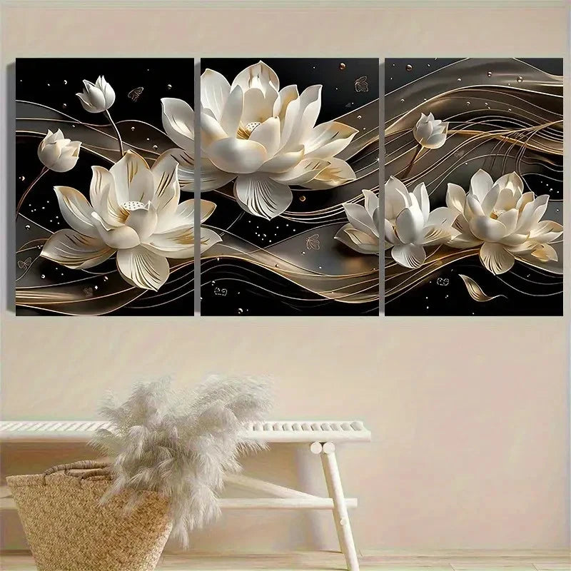 3pcs Elegant White for Lotus Flowers Wall Art Set Canvas Framed 60x90cm - High Quality Print 100% Australian Made Wall Canvas Ready to Hang - Bella Home Decor