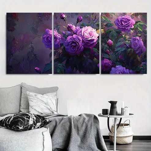3pcs Purple Vibrant Botanical Floral Painting Wall Art Set Canvas Unframed - High Quality Print 100% Australian Made Wall Canvas