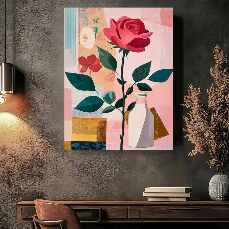 Beautiful Roses In Vase Vibrant Pink & Red Painting 40x60cm Metal Print Ready to Hang - Bella Home Decor