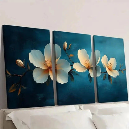 3pcs Blue Background with Elegant White Flower Wall Art Set Canvas Framed 40x60cm - High Quality Print 100% Australian Made Wall Canvas Ready to Hang - Bella Home Decor
