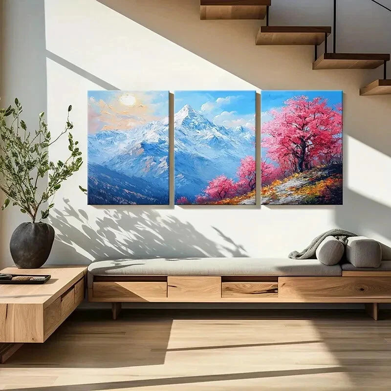 3pcs Mountain Landscape Pink Blossom Trees Metal Print Ready to Hang Art - Bella Home Decor