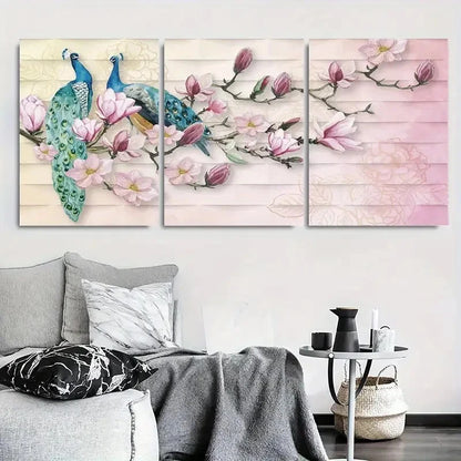 3pcs Elegant Peacock & Magnolia Floral Wall Art Set Canvas Framed 40x60cm - High Quality Print 100% Australian Made Wall Canvas Ready to Hang