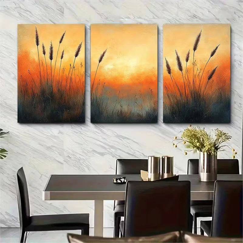 3pcs Abstract Cattail Grass Metal Print Ready to Hang Art - Bella Home Decor