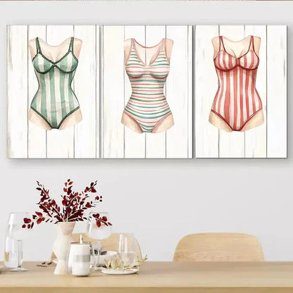 3 PCS Vintage Style Swimsuit Triptych Wall Art Set Canvas Unframed - High Quality Print 100% Australian Made Wall Canvas - Bella Home Decor