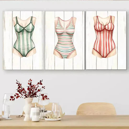 3 PCS Vintage Style Swimsuit Triptych Wall Art Set Canvas Unframed - High Quality Print 100% Australian Made Wall Canvas