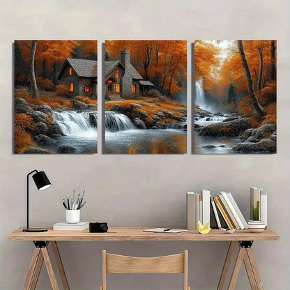 3pcs Cozy Cottage Stream with Waterfall Autumn Wall Art Set Canvas Framed 60x90cm - High Quality Print 100% Australian Made Wall Canvas Ready to Hang