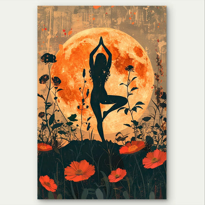 Sunset Yoga Silhouette and Flower Illustration 40x60cm Metal Print Ready to Hang