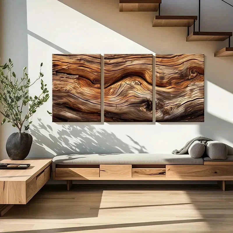 3pcs Wooden Texture Natural Patterns Earthy Tones Metal Print Ready to Hang Art - Bella Home Decor