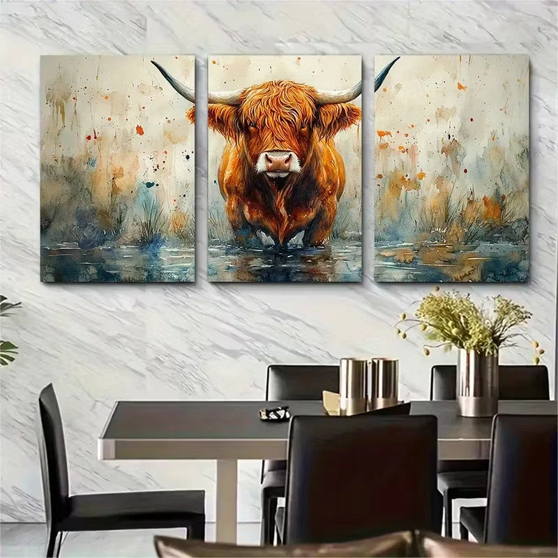 3pcs Scottish Highland Cattle Bull Metal Print Ready to Hang Art