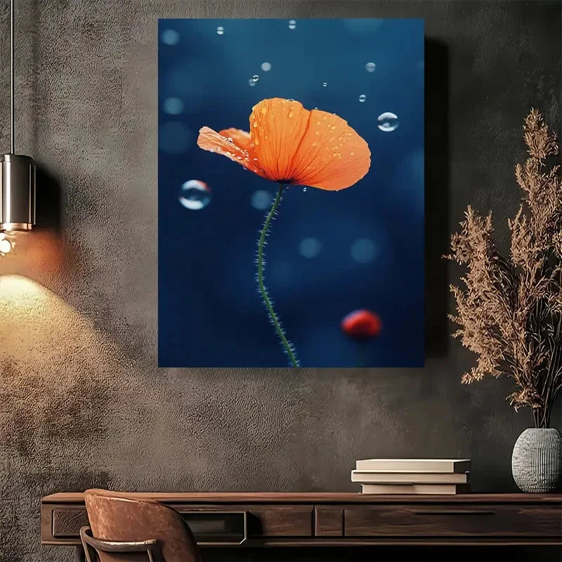 Beautiful Raindrops On Orange Poppy Painting 40x60cm Metal Print Ready to Hang - Bella Home Decor