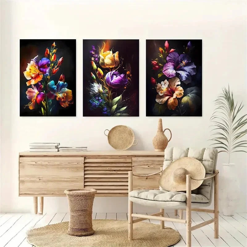 3pcs Colorful Floral Art Print Abstract Poster Metal Print Ready to Hang Art - Bella Home Decor