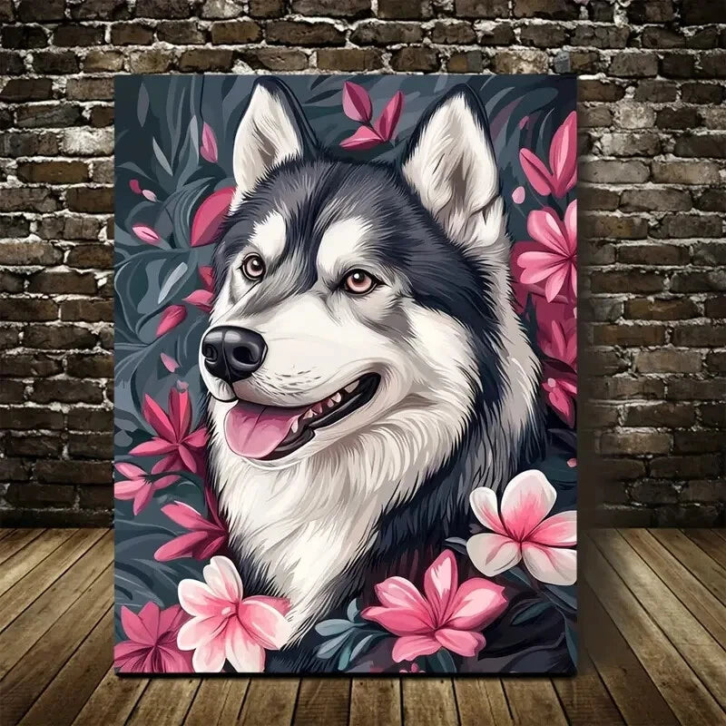 Adorable Alaskan Malamute with Vibrant Flower Painting 40x60cm Metal Print Ready to Hang - Bella Home Decor