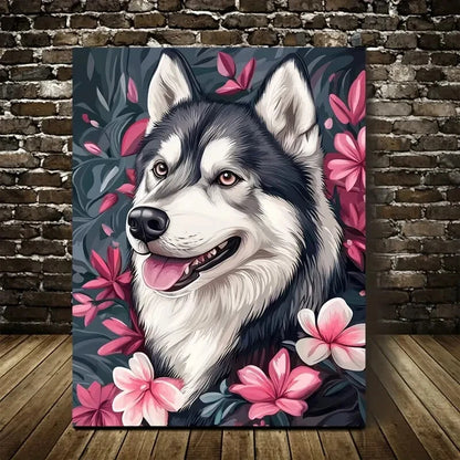Adorable Alaskan Malamute with Vibrant Flower Painting 40x60cm Metal Print Ready to Hang - Bella Home Decor