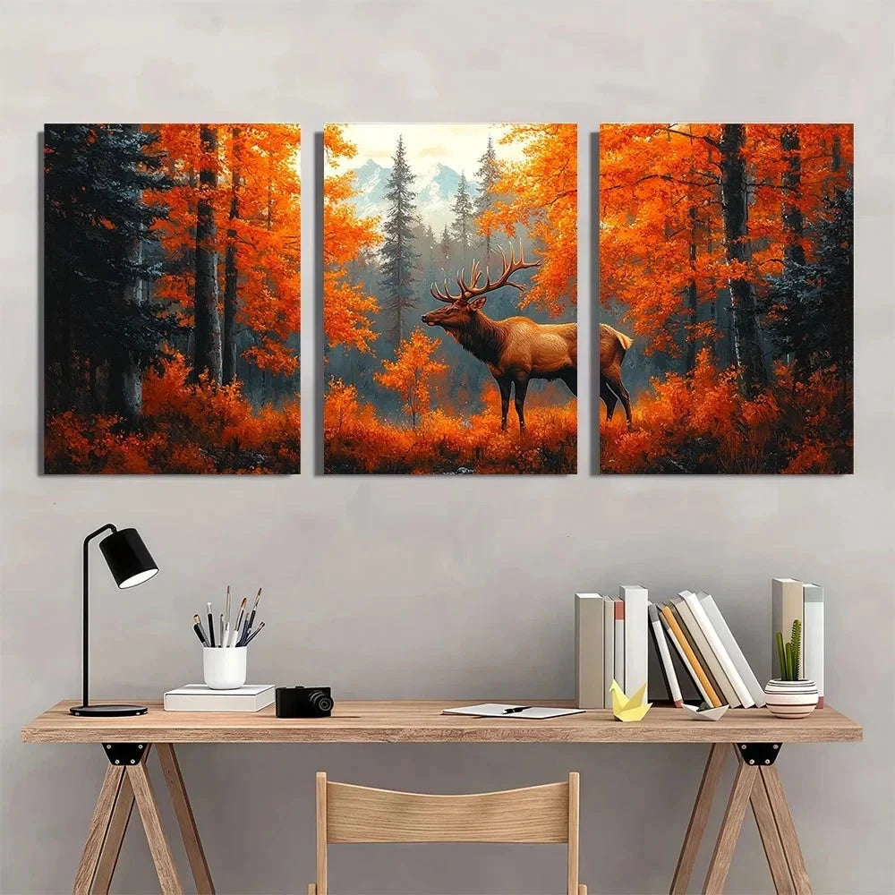 3pcs Autumn Forest Vibrant Wildlife Scene Wall Art Set Canvas Framed 60x90cm - High Quality Print 100% Australian Made Wall Canvas Ready to Hang - Bella Home Decor