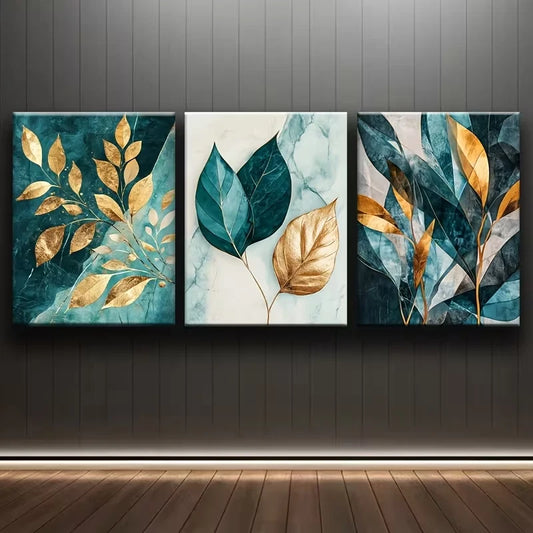 3pcs Cyan and Golden Leaves Metal Print Ready to Hang Art