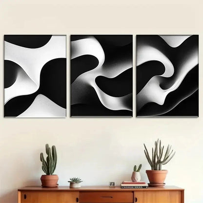 3pcs Black and White Abstract Flowing Wave Metal Print Ready to Hang Art - Bella Home Decor