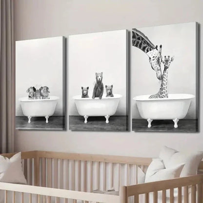 3pcs Pigs Bears and Giraffes in Bathtubs Wall Art Set Canvas Unframed - High Quality Print 100% Australian Made Wall Canvas