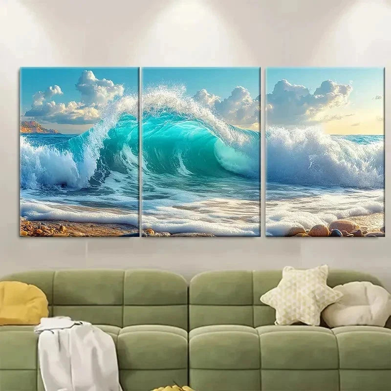 3pcs Turquoise Seascape Print Foamy Waves RU  Wall Art Set Canvas Framed 40x60cm - High Quality Print 100% Australian Made Wall Canvas Ready to Hang