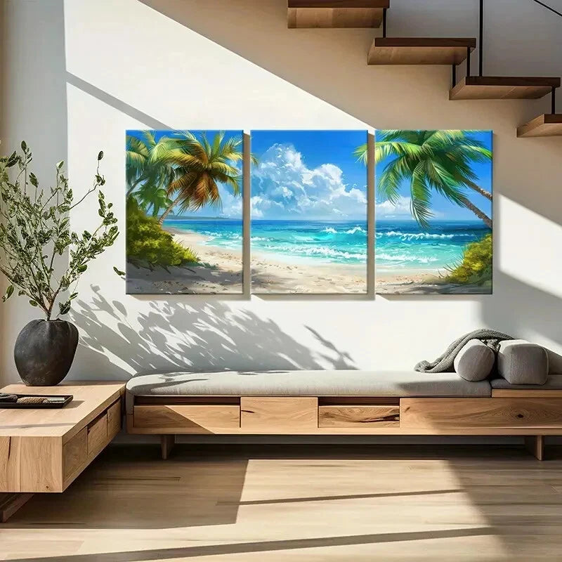 3pcs Natural Landscape Seaside Beach Coconut Metal Print Ready to Hang Art - Bella Home Decor