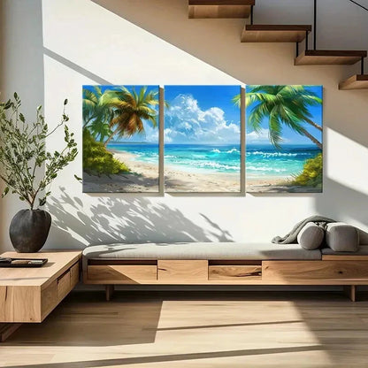 3pcs Natural Landscape Seaside Beach Coconut Metal Print Ready to Hang Art - Bella Home Decor
