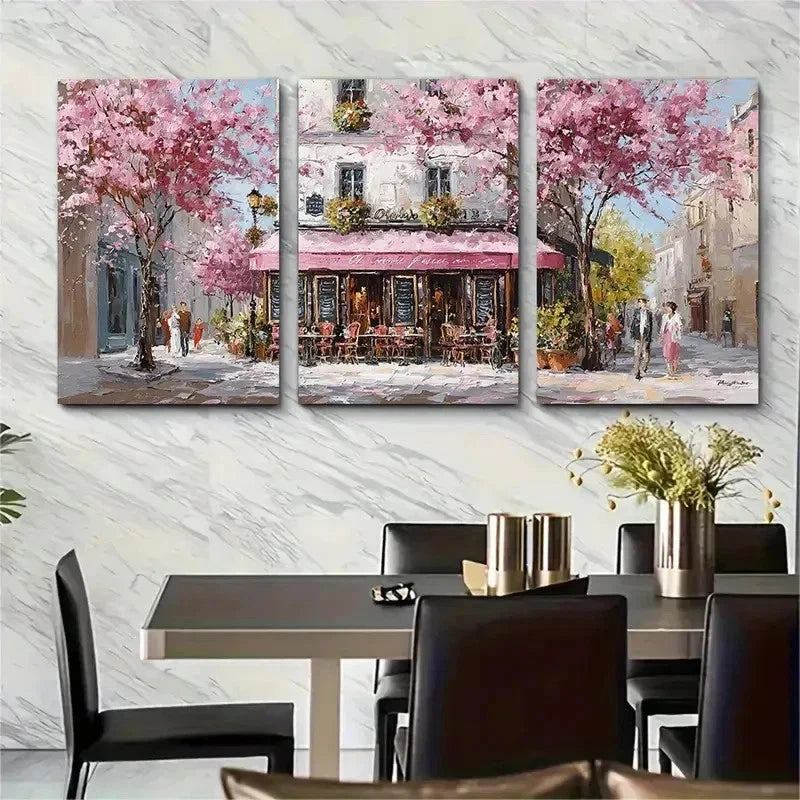 3pcs Cherry Blossom Street Cafe Perfect Wall Art Set Canvas Framed 50x70cm - High Quality Print 100% Australian Made Wall Canvas Ready to Hang - Bella Home Decor