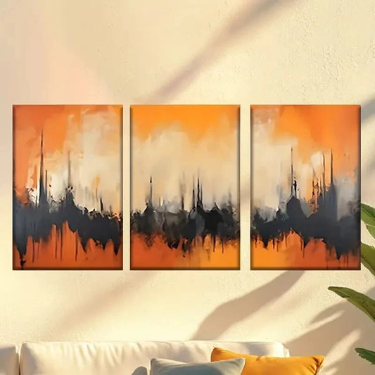 3pcs Vibrant Orange & Black Abstract Cityscape Wall Art Set Canvas Framed 60x90cm - High Quality Print 100% Australian Made Wall Canvas Ready to Hang