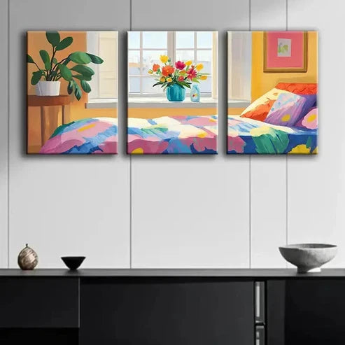3pcs Bedroom with Window Illustration Perfect Wall Art Set Canvas Unframed - High Quality Print 100% Australian Made Wall Canvas - Bella Home Decor