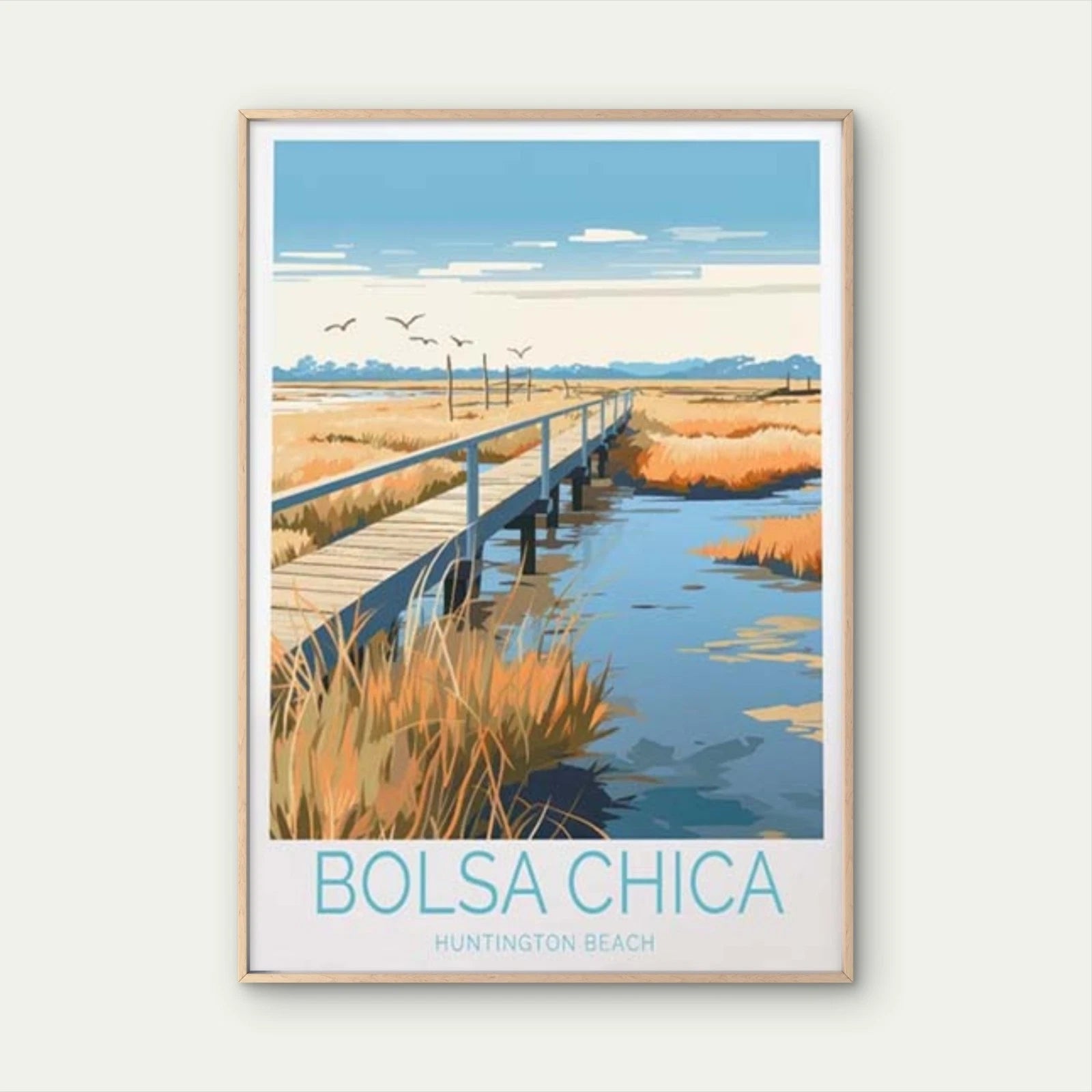Bolsa Chica Huntington Chica, Grassland Travel Poster Print Wall Art - Bella Home Decor