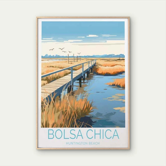 Bolsa Chica Huntington Chica, Grassland Travel Poster Print Wall Art - Bella Home Decor