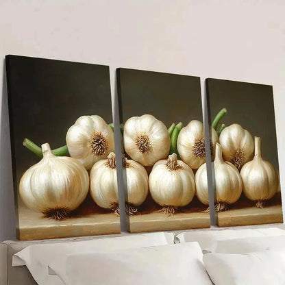 3pcs Realistic White Garlic & Green TU  Wall Art Set Canvas Framed 60x90cm - High Quality Print 100% Australian Made Wall Canvas Ready to Hang