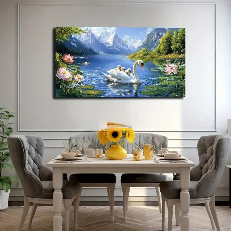Swan Mother With Cubs In Lake Wall Art Canvas Office Home Room Framed 120x60cm