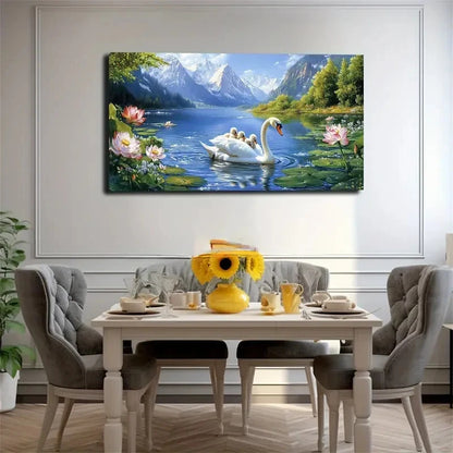 Swan Mother With Cubs In Lake Wall Art Canvas Office Home Room Framed 120x60cm