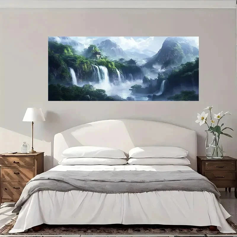 Misty Mountain Waterfall Land Wall Art Canvas Office Home Room Framed 120x60cm