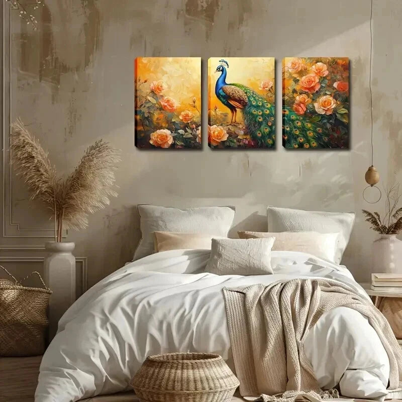 3pcs Vibrant Peacock & Rose Décor Perfect Wall Art Set Canvas Framed 60x90cm - High Quality Print 100% Australian Made Wall Canvas Ready to Hang - Bella Home Decor