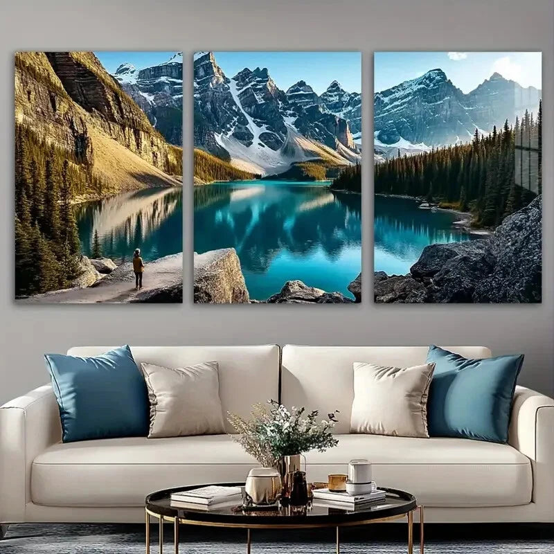 3pcs Mountain Lake Forest Snow Capped Peaks & Pine Metal Print Ready to Hang Art - Bella Home Decor