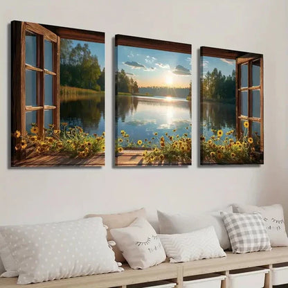 3pcs Flowers and Lake Scenery in the Sunset Wall Art Set Canvas Unframed - High Quality Print 100% Australian Made Wall Canvas - Bella Home Decor