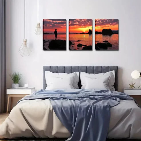 3pcs Person Standing by The Coast And Watching Wall Art Canvas Unframed - High Quality Print 100% Australian Made Wall Canvas