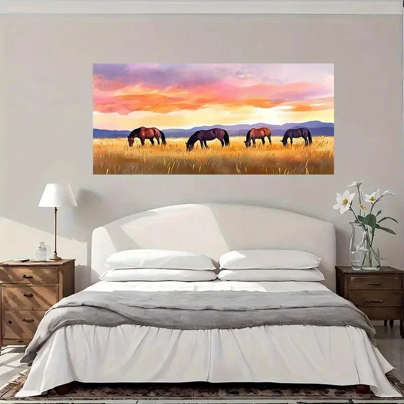Horses In Sunset Pasture Wall Art Canvas Office Home Room Framed 120x60cm