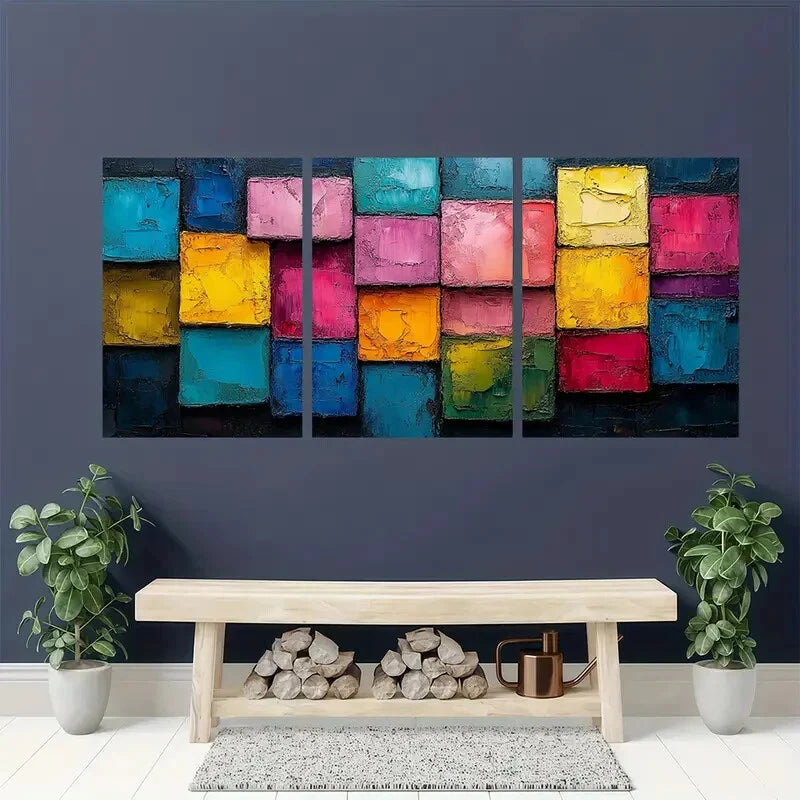 3pcs Abstract Colorful Block Oil Painting Metal Print Ready to Hang Art - Bella Home Decor