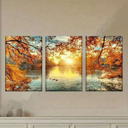 3pcs Autumn Sunset Lake Scene with Ducks  Wall Art Set Canvas Unframed - High Quality Print 100% Australian Made Wall Canvas - Bella Home Decor